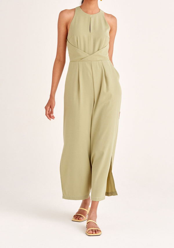 Paisie Detailed Waist Halterneck Jumpsuit in Light Green